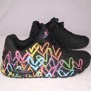 Skechers Black Rainbow Sneakers Women's Size 9 Hearts Love Multicolor
